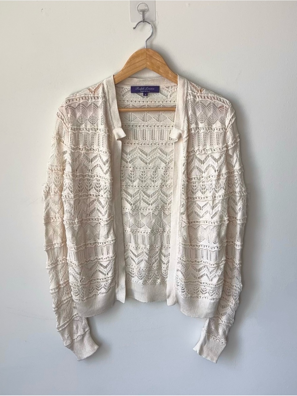 Ralph Lauren Purple Label Silk Crochet Cardigan Sz M Cream Italy Lace Open Knit